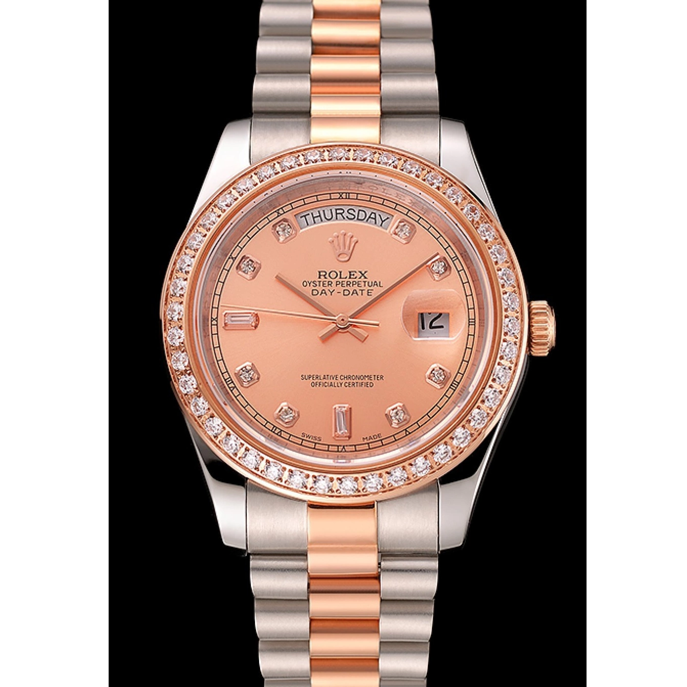 AAA Replica Watches Gold And Bezel Bracelet Swiss Staineless Day-Date Rolex 1454107 Steel Diamonds Rose 0518